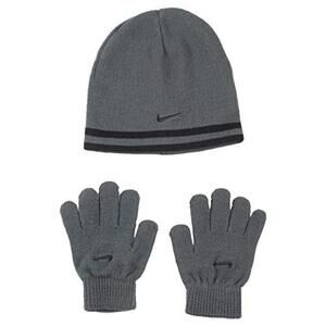 Nike Youth Beanie Hat and Glove Set Grey with Black Stripe One Size 9A2427-693
